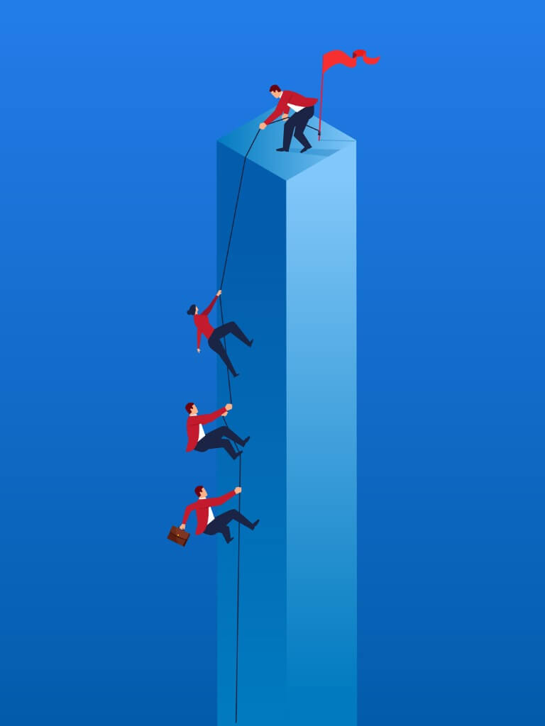 Illustration of a person pulling teammates up to the top of a tower