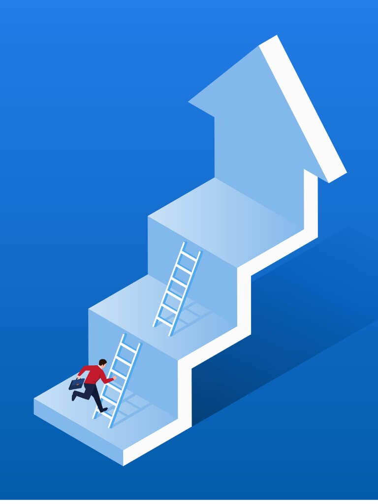 Illustration of a person climbing ladders to reach the top of a pedestal