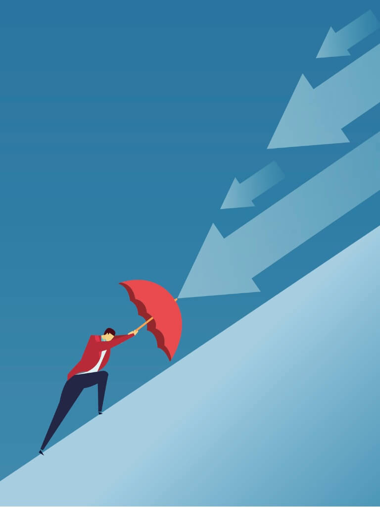 the-businessman-uses-the-umbrella-to-stop-the-arrow-down-vector-id827789002(1) 下向きの矢印の保護から傘を持って、上り坂で働く男のイラスト