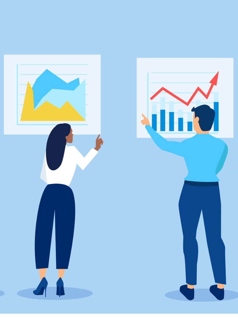 Illustration of two people pointing at charts on the wall