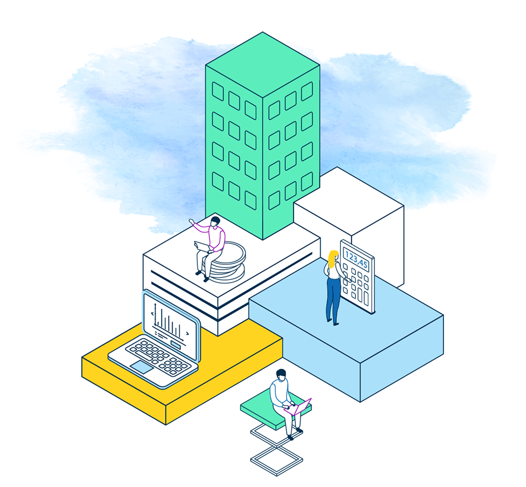 Illustration of 3 people working on different tiered blocks